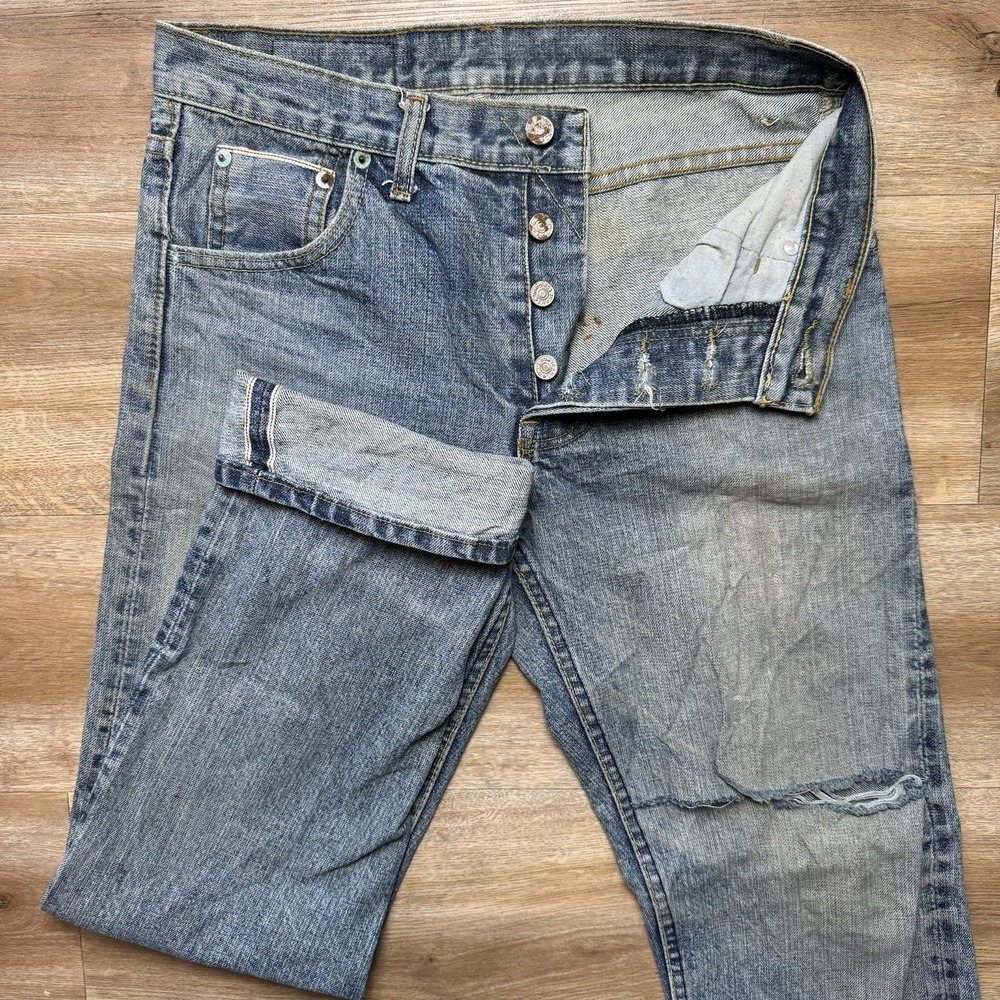 Selvedge Jeans Men 30x30 Blue Straight Leg Distressed Dirty Wash Button Fly Y2K